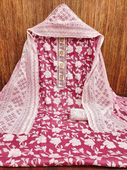 Mirraw - Chic Pink Floral Printed Cotton Dress Material with Inner and Dupatta