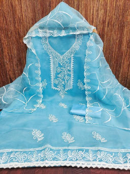Mirraw - Sky Blue Embroidered Organza Dress Material with Inner and Dupatta