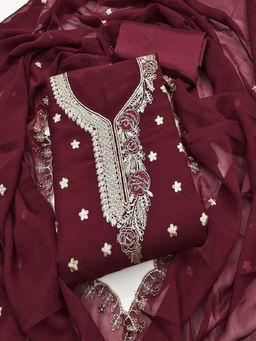 Mirraw - Elegant Maroon Embroidered Georgette Dress Material with Inner and Dupatta