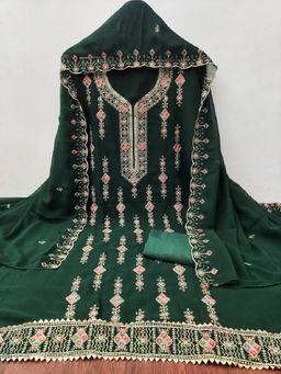 Mirraw - Elegant Green Embroidered Georgette Dress Material with Inner and Dupatta