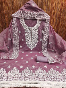 Mirraw - Mauve Chanderi Cotton Embroidered Dress Material with Inner and Dupatta