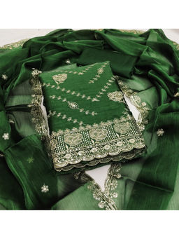 Mirraw - Elegant Dark Green Embroidered Chanderi Dress Material with Dupatta