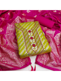 Mirraw - Green Suit with Pink Banarasi Dress Material with Dupatta