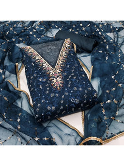 Mirraw - Navy Blue Sequins Organza Dress Material with Dupatta