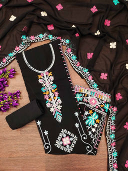 Mirraw - Elegant Black Georgette Embroidered Dress Material with Dupatta