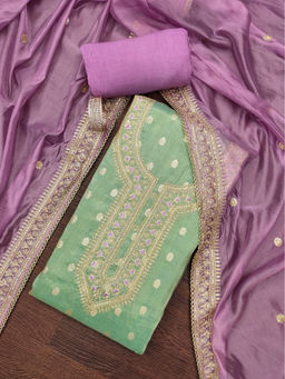 Mirraw - Elegant Green Shimmer Silk Dress Material with Dupatta