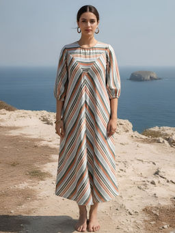 Dora Dori - Striped A Line Round Neck Midi Dress