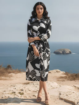Dora Dori - Black Printed Cotton A-Line Midi Dress
