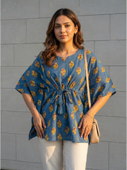Vastara TheLabel - Blue Floral Printed Organic Cotton Kaftan Top