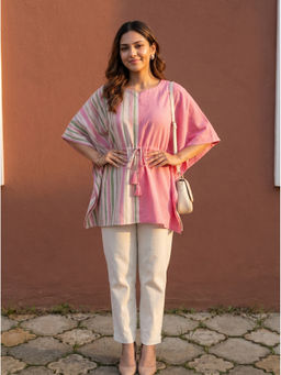 Vastara TheLabel - Pink Stripes Printed Organic Cotton Kaftan Top
