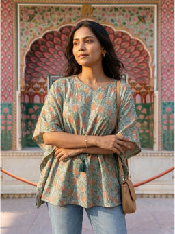 Vastara TheLabel - Green Floral Printed Organic Cotton Kaftan Top