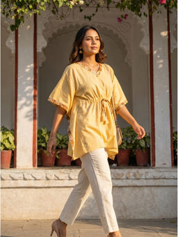 Vastara TheLabel - Yellow Floral Printed Organic Cotton Kaftan Top