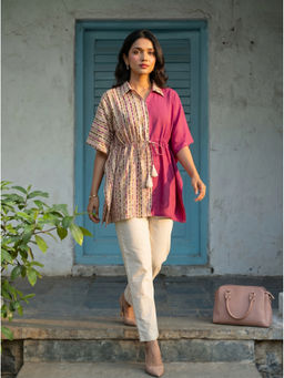 Vastara TheLabel - Beige Coloublock Organic Cotton Kaftan Top