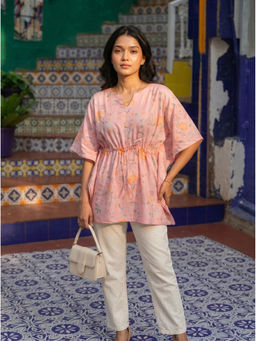 Vastara TheLabel - Pink Floral Printed Organic Cotton Kaftan Top