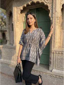 Vastara TheLabel - Grey Ikkat Printed Organic Cotton Kaftan Top