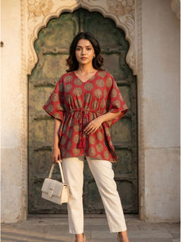 Vastara TheLabel - Red Printed Organic Cotton Kaftan Top