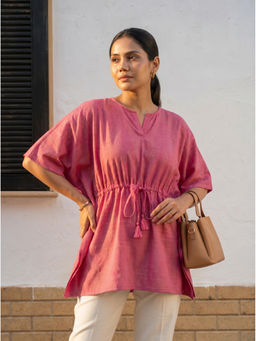 Vastara TheLabel - Pink Organic Cotton Checks Kaftan Top