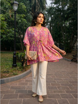 Vastara TheLabel - Pink Floral Printed Organic Cotton Kaftan Top