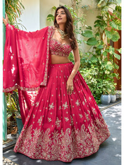 Kedar Fab - Pink Chinnon Silk Floral Embroidered Lehenga with Unstitched Blouse and Dupatta