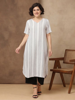 Black & Blah Blah - White Viscose Rayon Stripes Printed Kurta
