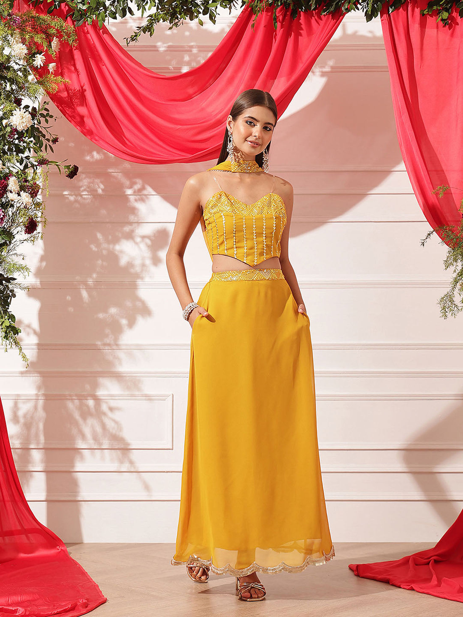 Mustard Embellished Lenhga with Bustier and Dupatta-image-39