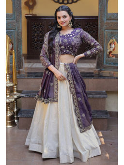 Kedar Fab - White Chinnon Silk Floral Embroidered Lehenga with Unstitched Blouse and Dupatta