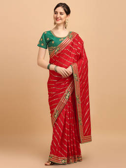 Amrutam Fab - Womens Embroidered Leheria Silk Blend Red Saree With Unstitched Blouse Piece