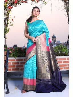 CHARUKRITI - Sky Blue Brocade Silk Saree with Zari Weaving and Unstitched Blouse