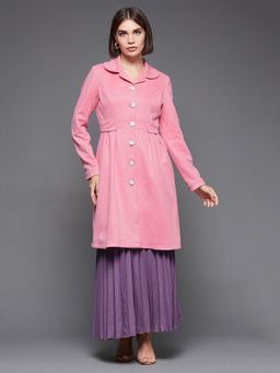 Miss Chase - Womens Light Pink Notch Full-Sleeve Solid Longline Flared Knee-Long Polyester Jacket
