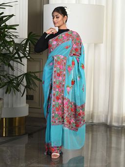 Beatitude - Blue Hand Embroidered Kashmiri Saree with Unstitched Blouse