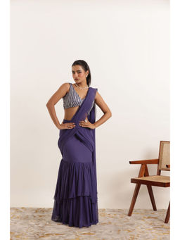 DEASHA INDIA - Aarushi Cyber Grape Ruffle Saree with Stitched Blouse