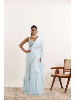 DEASHA INDIA - Anoushka Powder Blue Ruffle Saree with Stitched Blouse