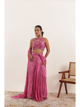 DEASHA INDIA - Nazah Pink Pure Silk Pre Draped Saree with Stitched Blouse
