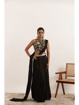 DEASHA INDIA - Rooh Black Pure Silk Pre Draped Saree with Stitched Blouse