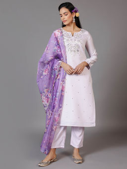 Libas - Womens Lavender Embroidered Sequined Kurta with Pant and Dupatta (Set of 3)