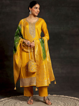 Libas - Womens Yellow Embroidered Sequined Kurta with Pant and Dupatta (Set of 3)