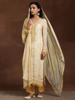 Libas - Womens Yellow Tie & Dye Lace Work Kurta with Pant and Dupatta (Set of 3)