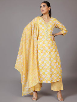 Libas - Womens Yellow Floral Printed Kurta with Palazzo and Dupatta (Set of 3)