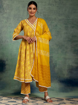 Libas - Womens Yellow Printed Lace Work Angarkha Kurta with Pant and Dupatta (Set of 3)