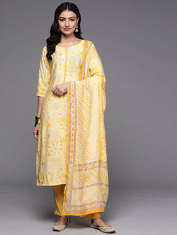 Libas - Womens Yellow Floral Printed Kurta with Pant and Dupatta (Set of 3)