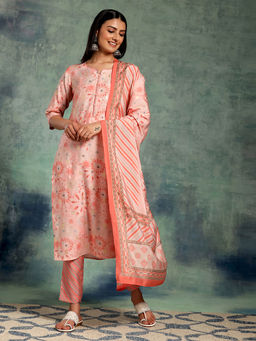 Libas - Womens Peach Printed Kurta with Pant and Dupatta (Set of 3)