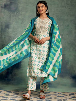 Libas - Womens Beige Embroidered Printed Kurta with Pant and Dupatta (Set of 3)
