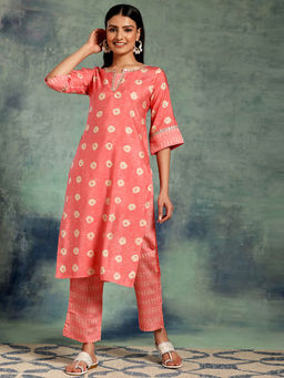 Libas - Womens Peach Embroidered Printed Kurta with Pant (Set of 2)