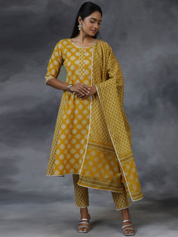 Libas - Womens Yellow Printed Gota Kurta with Pant and Dupatta (Set of 3)