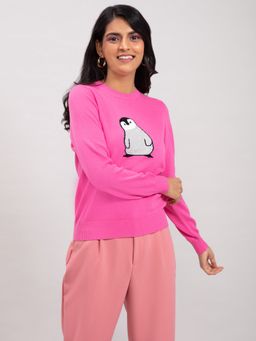Twenty Dresses by Nykaa Fashion - Pink Embroidered Round Neck Full Sleeves Sweater Top