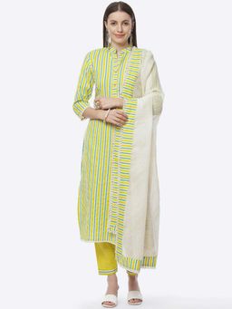 Biba - Green Cotton Unstitched Suit Set (Set of 3)