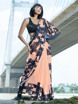 Boveee - Sunset Skyline Digital Printed Satin Georgette Saree with Unstitched Blouse
