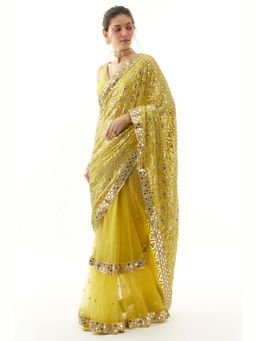 Gopi Vaid - Mirai Yellow Embroidered Saree with Stitched Blouse