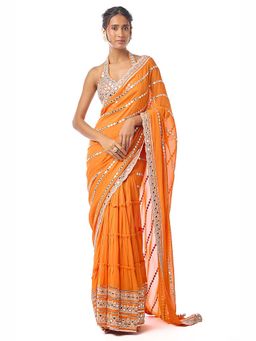 Gopi Vaid - Aradhana Orange Embroidered Aree with Stitched Blouse