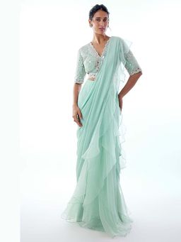 Gopi Vaid - Ganika Powder Blue Mirror Embellished Saree with Stitched Blouse